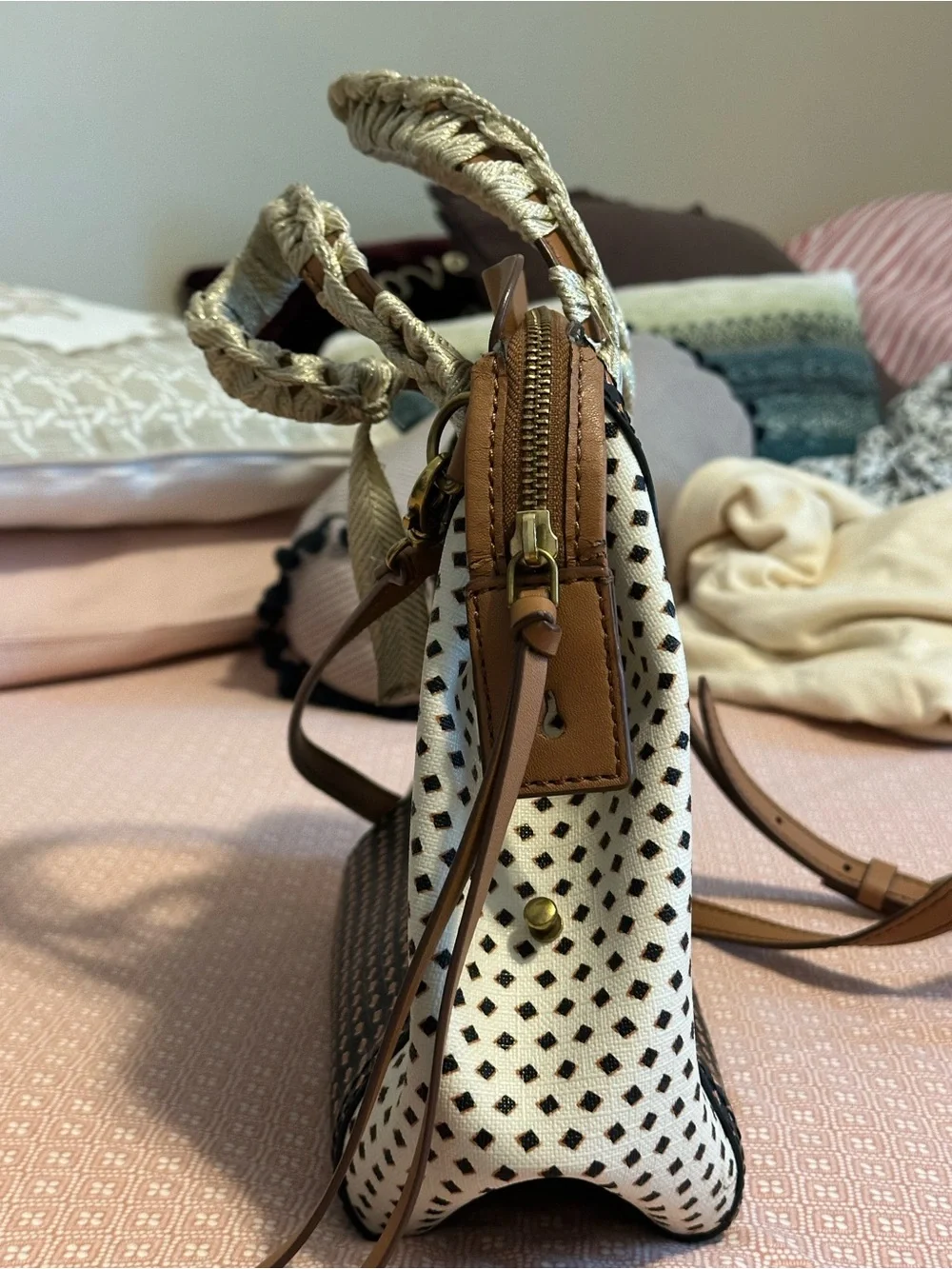 Fossil Black and Tan Patterned Satchel with White Sides